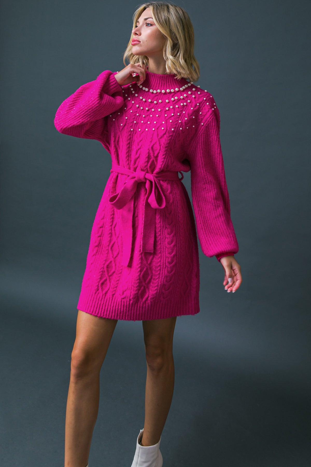 Bring the Vibes Sweater Mini Dress with Pearl Trim and Self Tie Sash Belt in 20fuc6 — Soul Flow Apparel