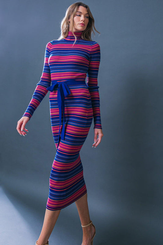 Noteworthy Shine Sweater Midi Dress with Turtle Neck and Belt in 20blu 20fuc35 — Soul Flow Apparel