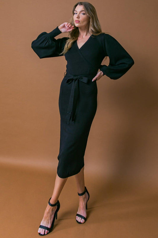 Adorable Ideal Sweater Midi Dress with Surplice Neckline Blouson Sleeves in 20bla29 — Soul Flow Apparel