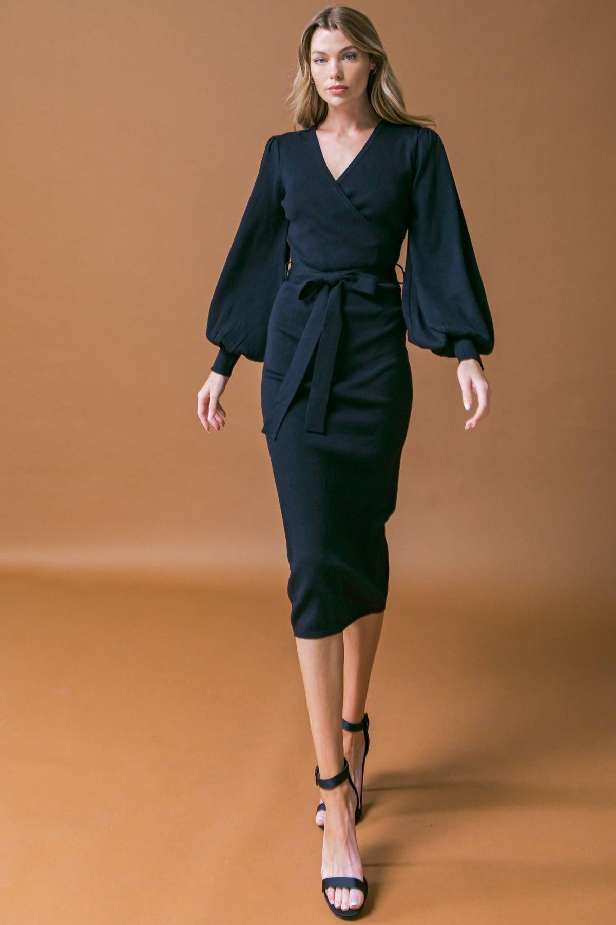 Adorable Ideal Sweater Midi Dress with Surplice Neckline Blouson Sleeves in 20bla35 — Soul Flow Apparel
