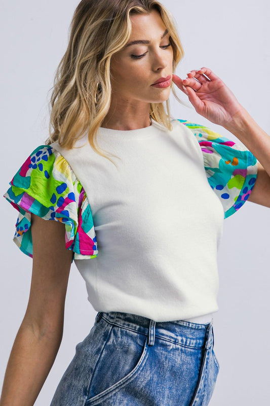 Glittery Glee Sweater Top with Round Neckline and Printed Ruffle Sleeves in 20ivo 20blu15 — Soul Flow Apparel