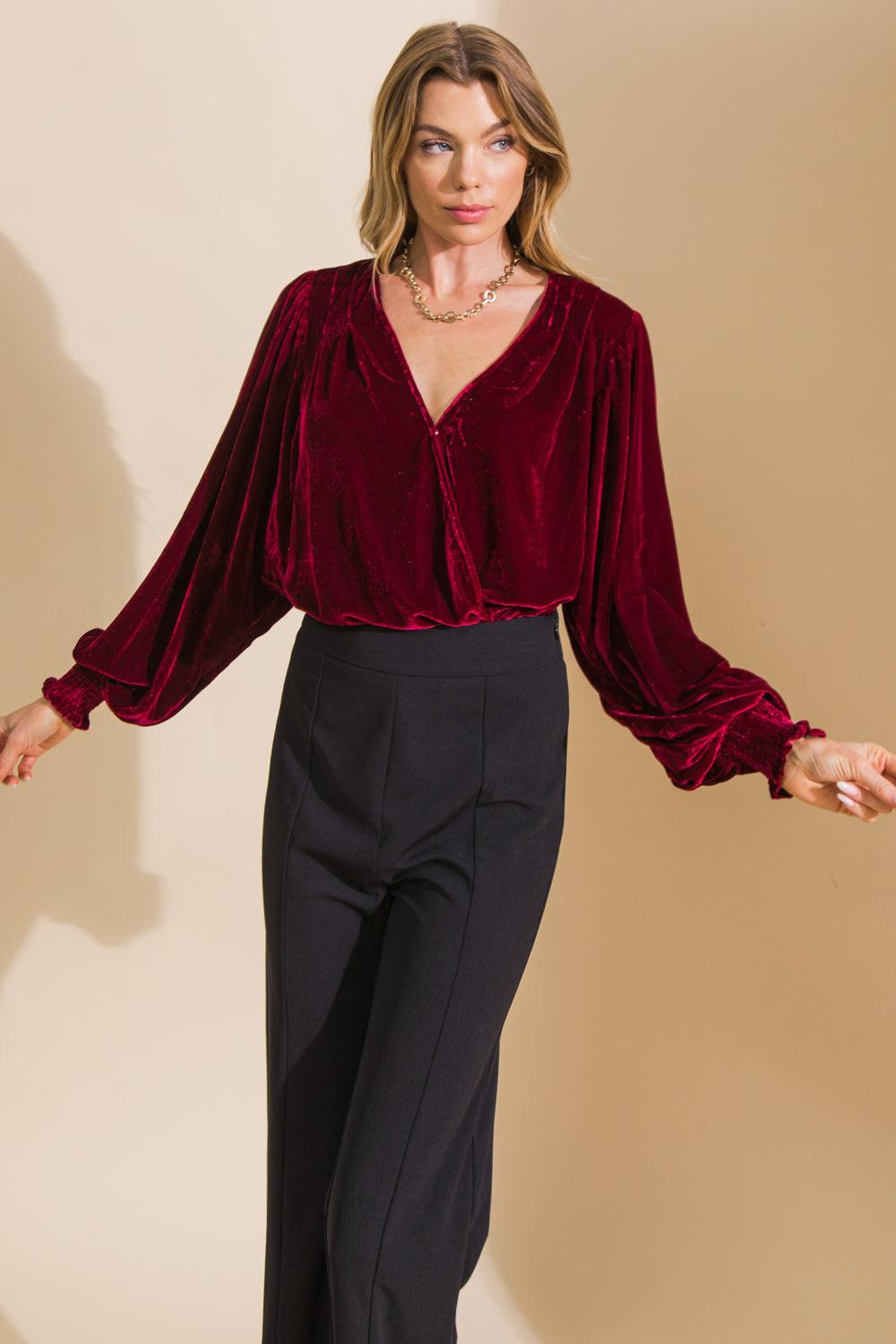 Like No Other Velvet Bodysuit with Surplice Neckline Mesh Bottom Snap Closure in 20bur, view 2011 — Soul Flow Apparel