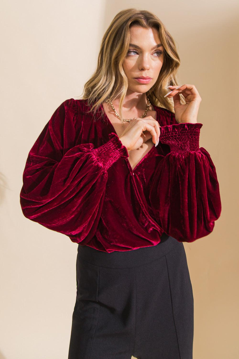 Like No Other Velvet Bodysuit with Surplice Neckline Mesh Bottom Snap Closure in 20bur, view 2014 — Soul Flow Apparel