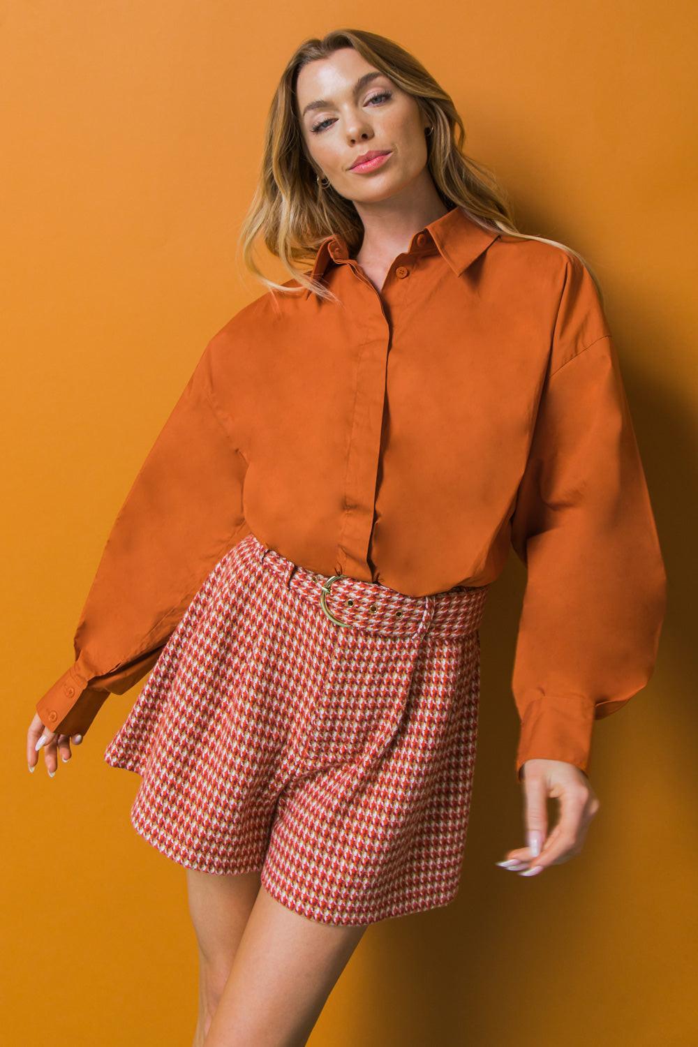 State of Success Poplin Top with Classic Collar Front Button Placket in 20rust, view 2021 — Soul Flow Apparel