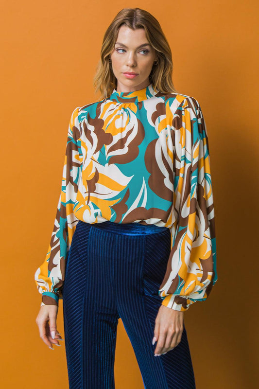 Dream on Printed Woven Top with Mock Neck and Exaggerated Sleeves in 20teal 20brw, view 2023 — Soul Flow Apparel