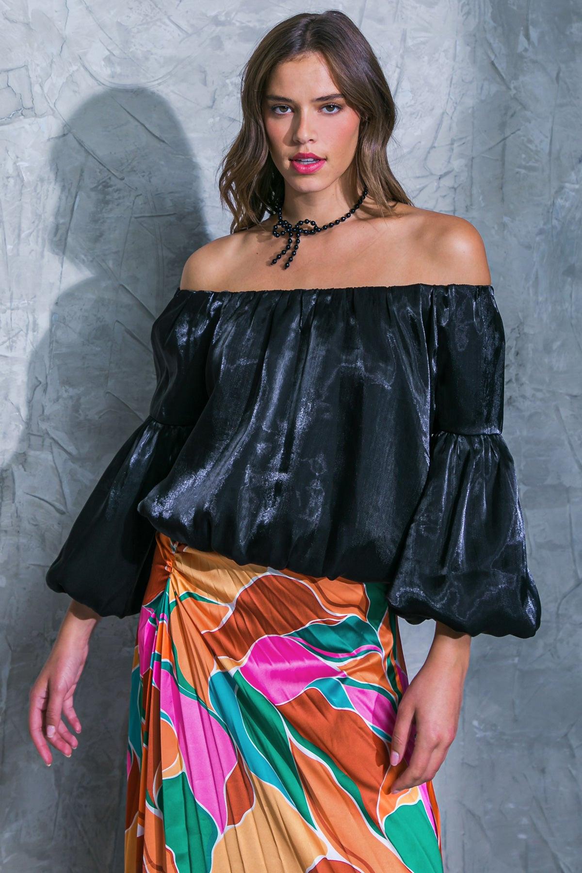 Simply Favored Woven Top Off on Neckline with Lantern Sleeves Elastic Waist in 20bla27 — Soul Flow Apparel