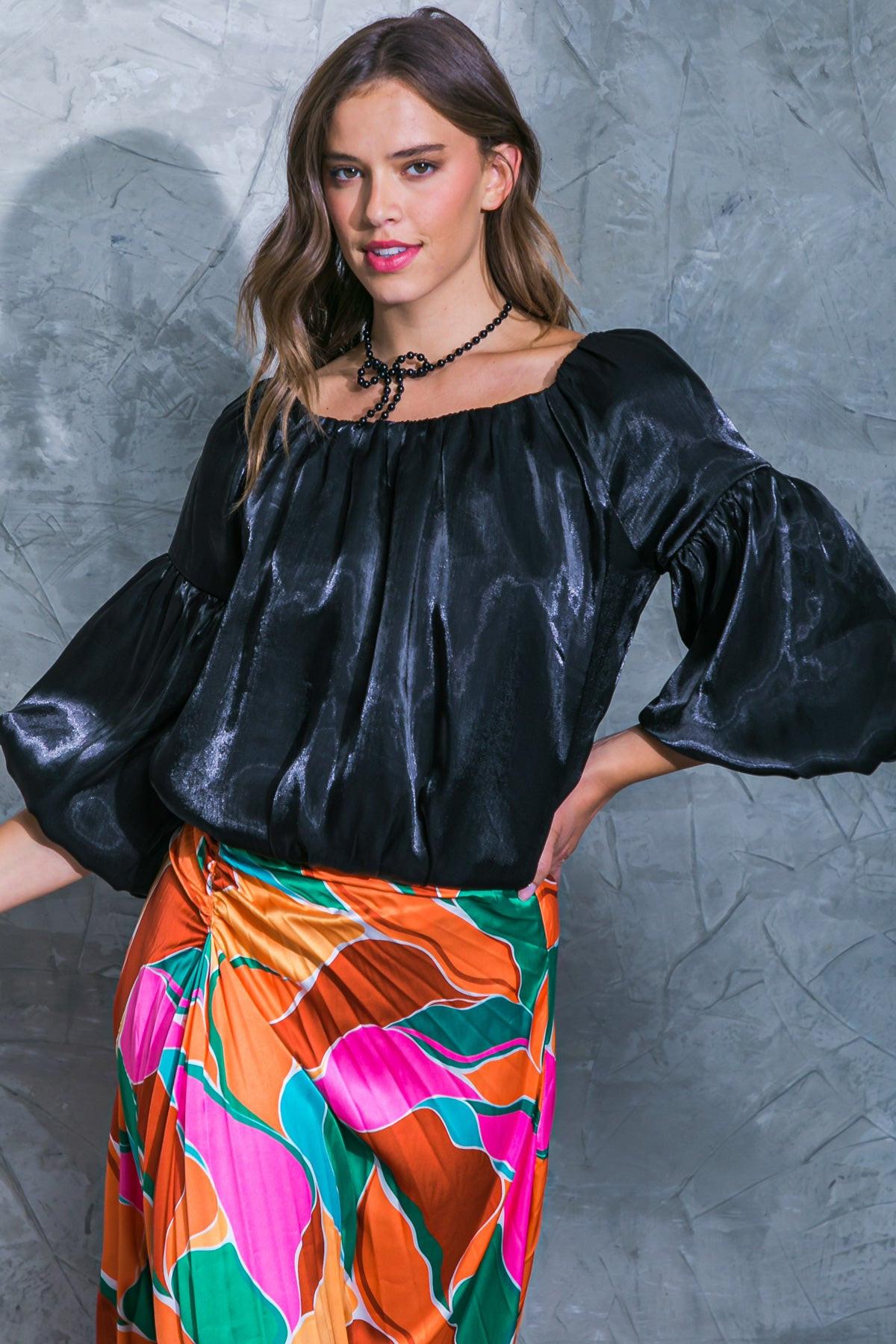 Simply Favored Woven Top Off on Neckline with Lantern Sleeves Elastic Waist in 20bla39 — Soul Flow Apparel