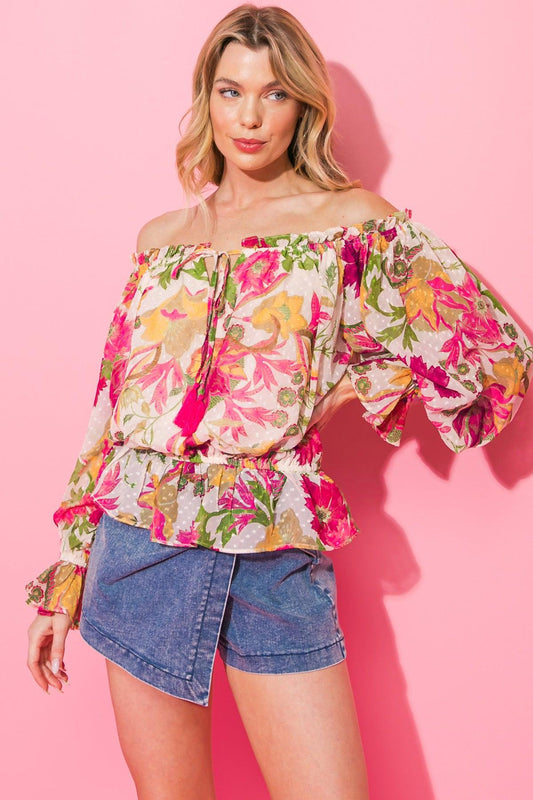 Sweetest Escape Woven Top Off Shoulder Ruffle Peplum in 20ivo 20pi, view 201 — Soul Flow Apparel