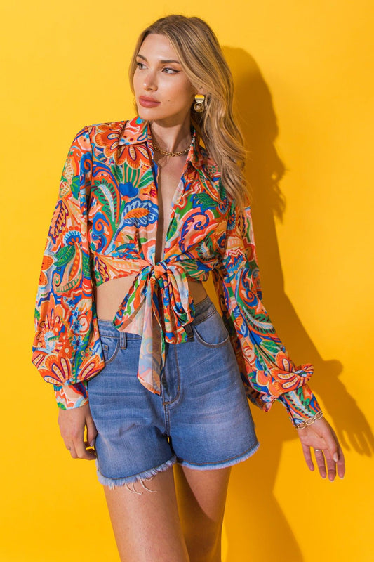 My Happy Place Printed Woven Top with Shirt Collar Front Tie in 20ora 20blu7 — Soul Flow Apparel