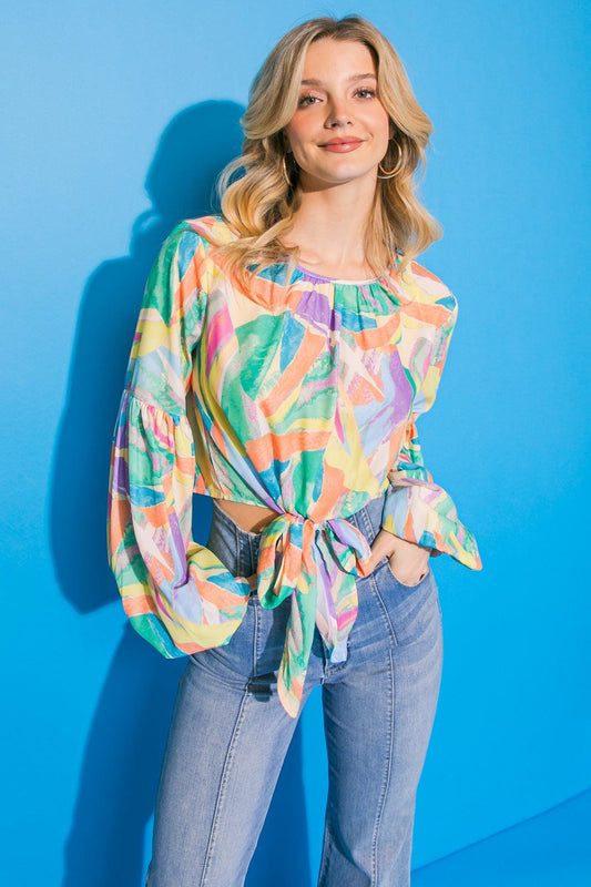 Sight Set Tonight Woven Top with Round Neck Front Tie and Long Lantern Sleeves in 20ivo 20lav, view 209 — Soul Flow Apparel