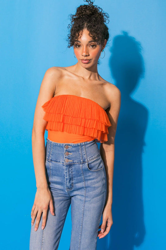Take Me Now Knit Bodysuit with Contrasting Triple Flounce and Snap Closure in 20ora, view 209 — Soul Flow Apparel
