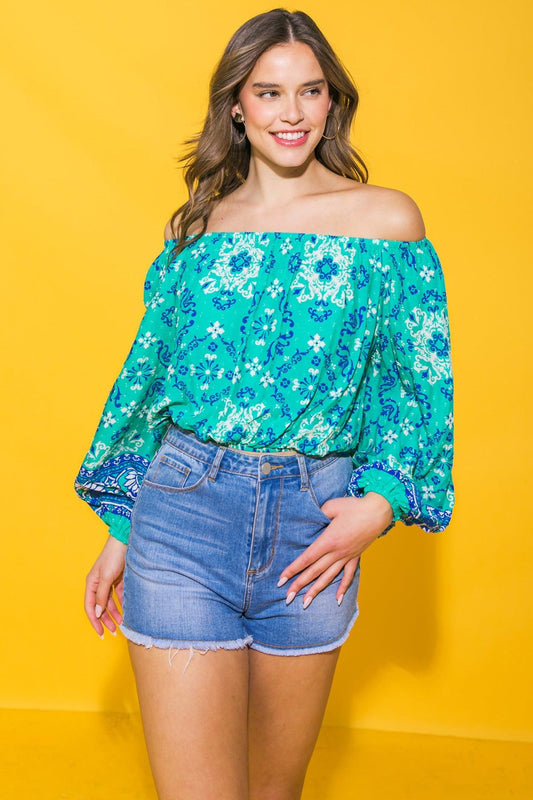 Send My Love Woven Top Off Shoulder Printed Peasant Sleeve Elastic Waist in 20jade, view 207 — Soul Flow Apparel