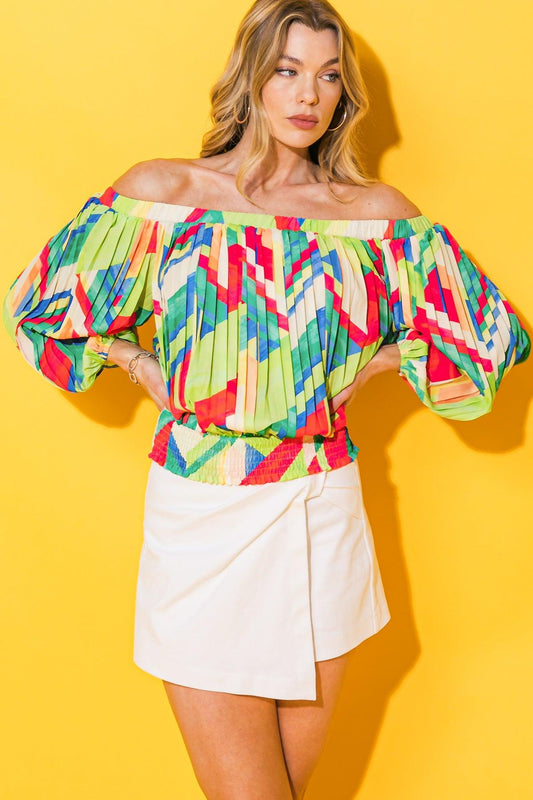 Printed Woven Top with Off Shoulder Neckline Pleated Body Smocked Waist in 20grn 20red5 — Soul Flow Apparel