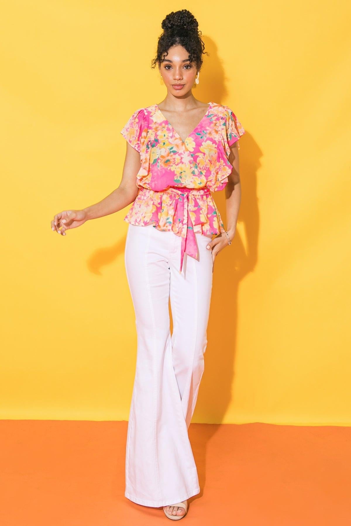 Faded View Woven Top with Surplice Neckline and Peplum Flare in 20pin1 — Soul Flow Apparel