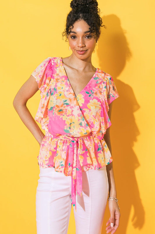 Faded View Woven Top with Surplice Neckline and Peplum Flare in 20pin11 — Soul Flow Apparel
