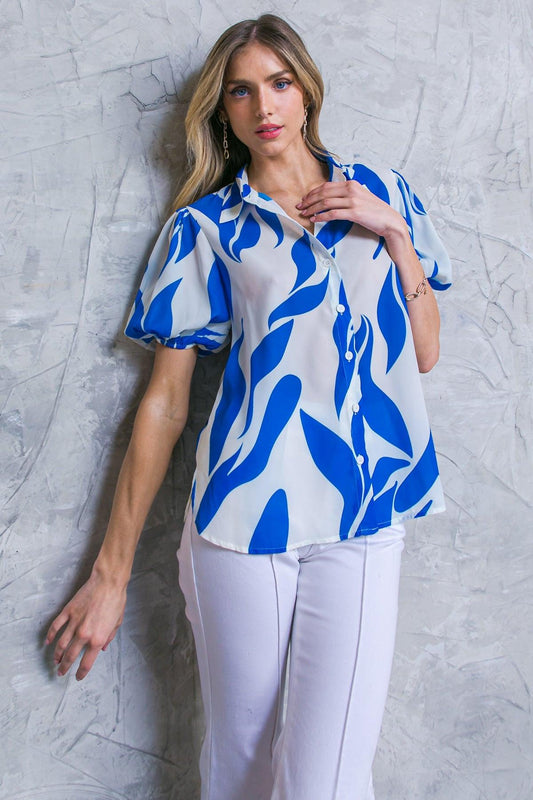 Major Crush Woven Top with Printed Design Shirt Collar and Short Puff Sleeves in 20ivo 20blu8 — Soul Flow Apparel