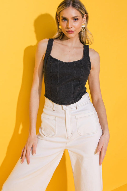 All Ahead Denim Crop Top with Straight Neckline and Adjustable Straps in 20blk 20aci28 — Soul Flow Apparel