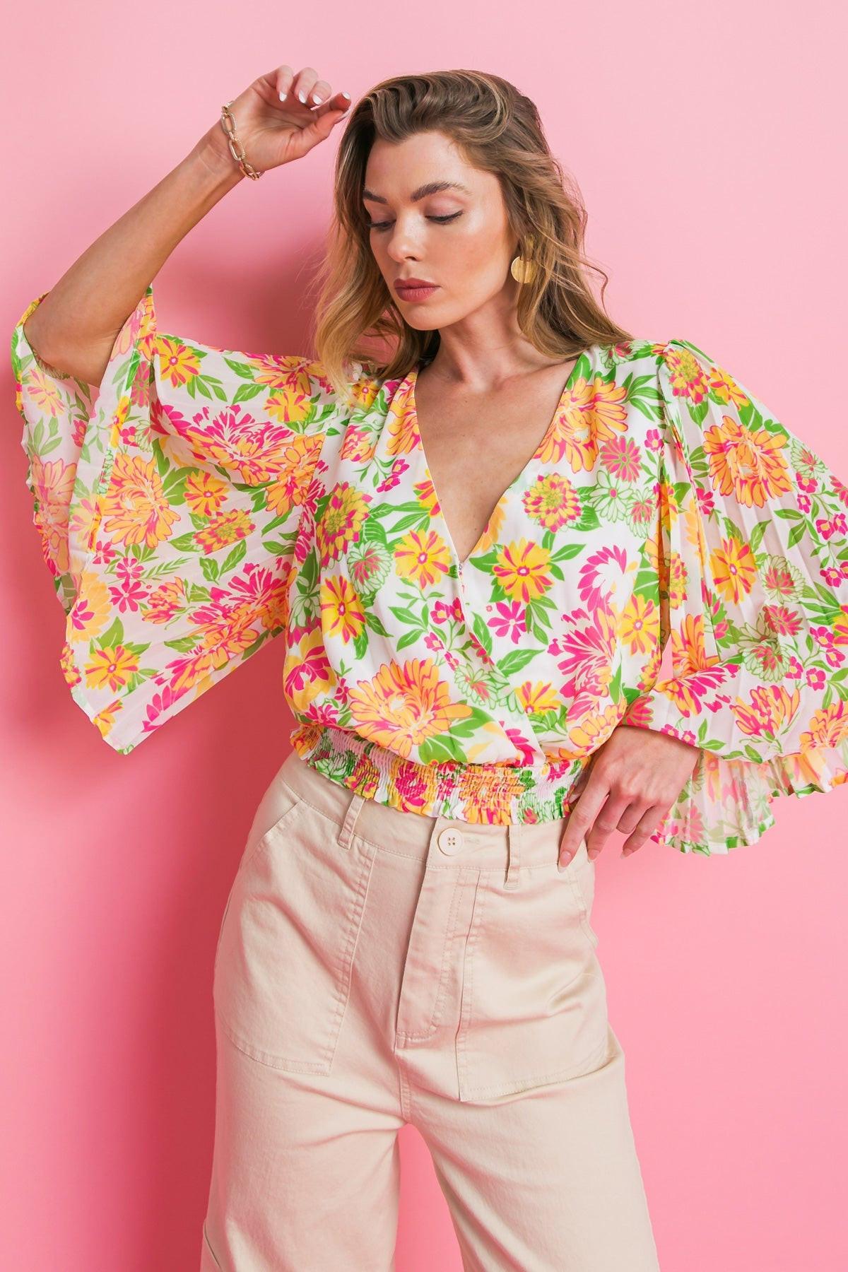 Fairy Vita Woven Top Surplice Neckline Pleated Bell Sleeves Smocked Waist Print in 20ivo23 — Soul Flow Apparel