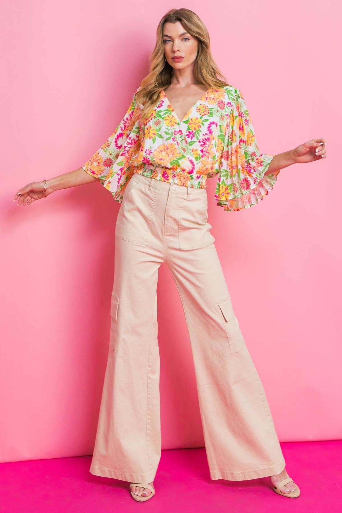 Fairy Vita Woven Top Surplice Neckline Pleated Bell Sleeves Smocked Waist Print in 20ivo4 — Soul Flow Apparel