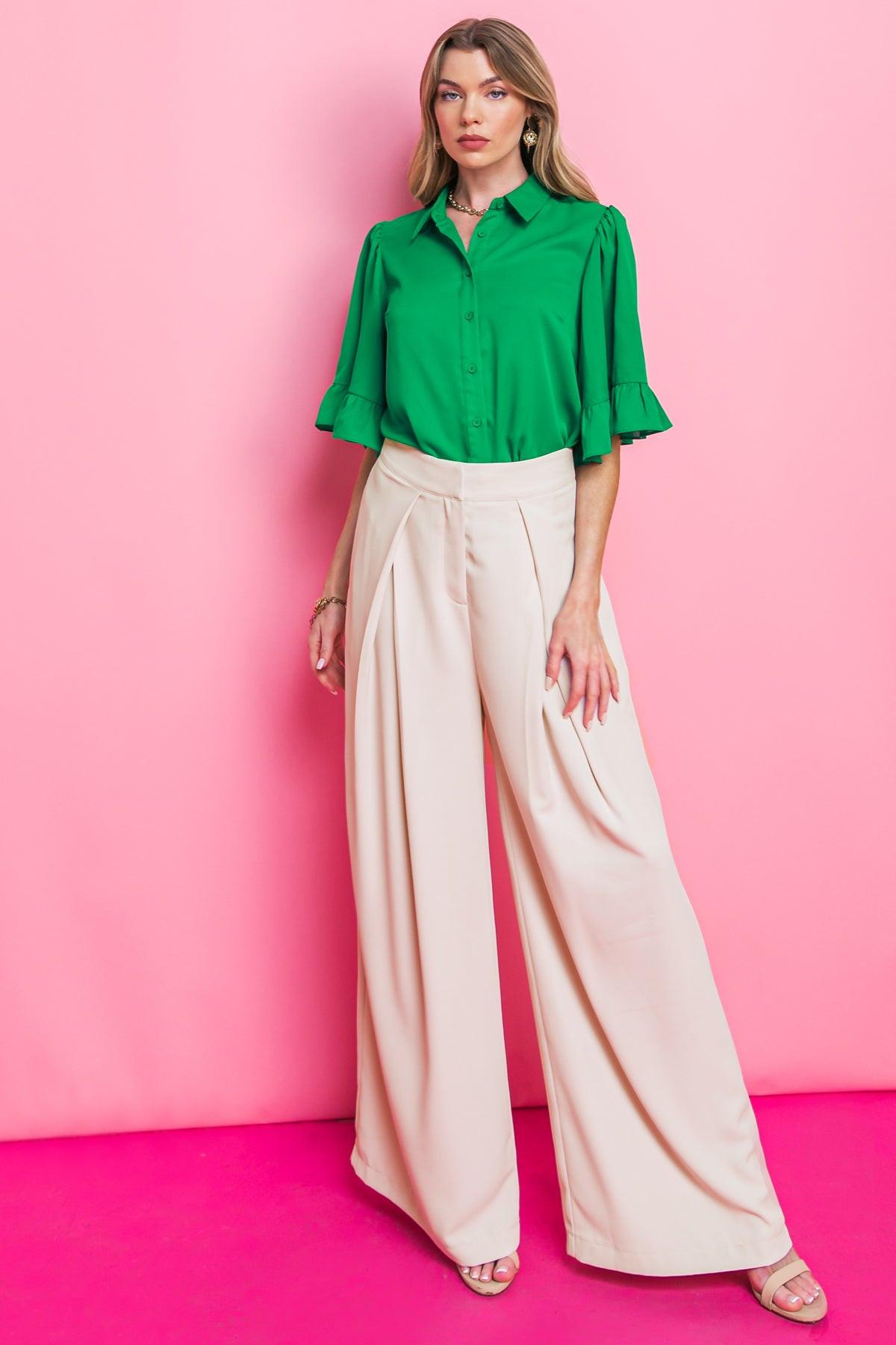Back to Business Woven Top Shirt Collar Bell Sleeve Blouse for Work in 20gre23 — Soul Flow Apparel