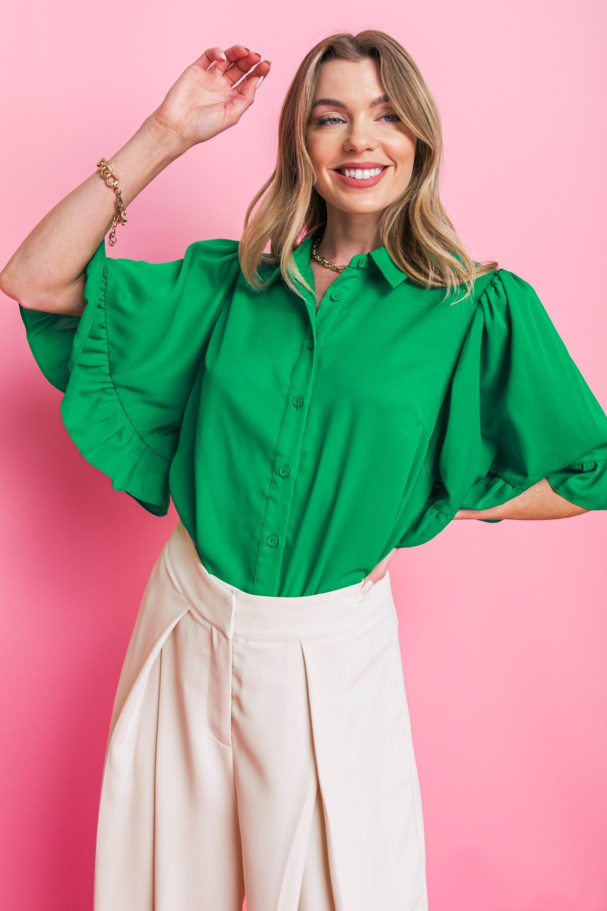 Back to Business Woven Top Shirt Collar Bell Sleeve Blouse for Work in 20gre27 — Soul Flow Apparel