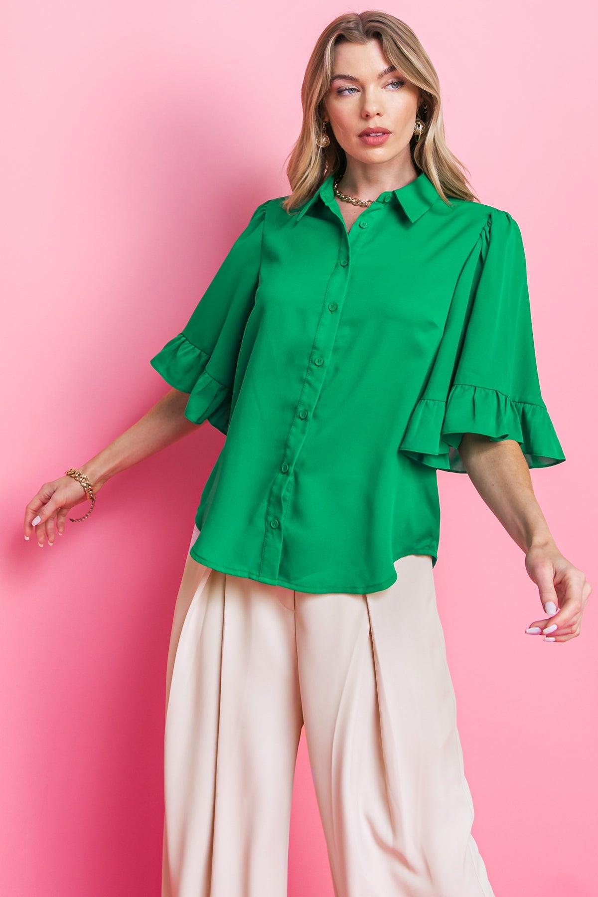 Back to Business Woven Top Shirt Collar Bell Sleeve Blouse for Work in 20gre8 — Soul Flow Apparel