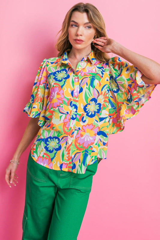 Ready to Get Away Woven Top with Short Sleeves and Ruffle Hem Polyester in 20gre 20blu3 — Soul Flow Apparel