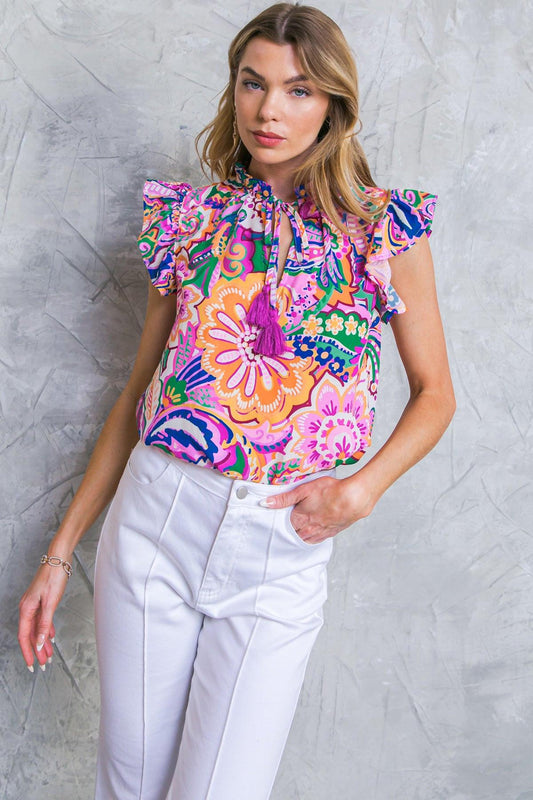 Daytime Dreams Woven Top with Round Neckline Ruffle Sleeves Front Tie Tassel in 20orc 20blu3 — Soul Flow Apparel