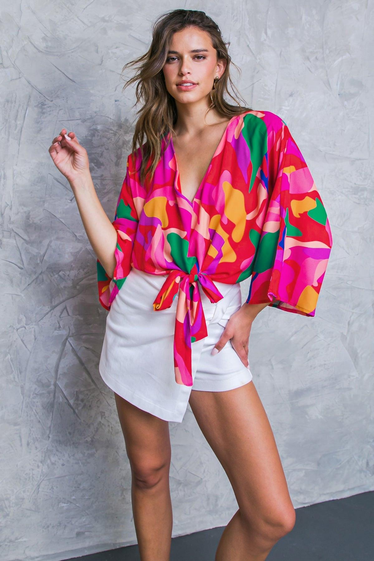 Love You Like Printed Woven Top with V Neck Dolman Sleeves Front Tie Lightweight in 20red 20gre7 — Soul Flow Apparel