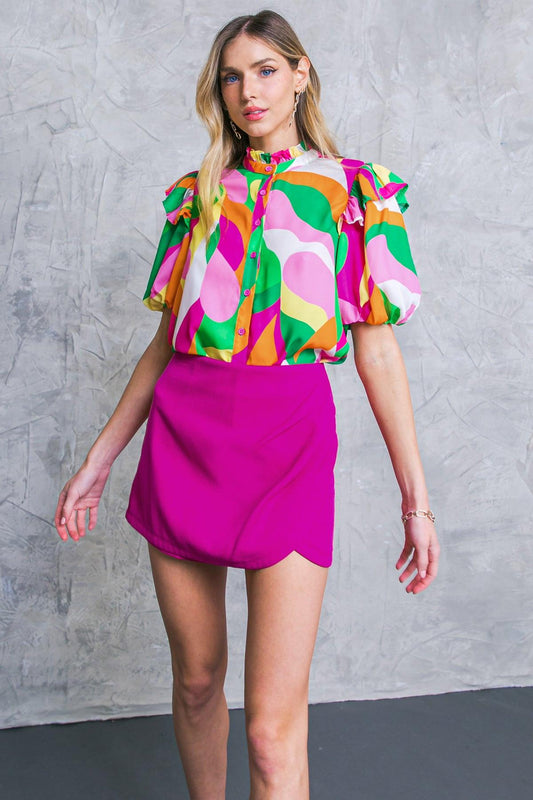Make Them Proud Woven Top High Neck Ruffle Edge Puff Sleeves in 20gre 20fuc18 — Soul Flow Apparel
