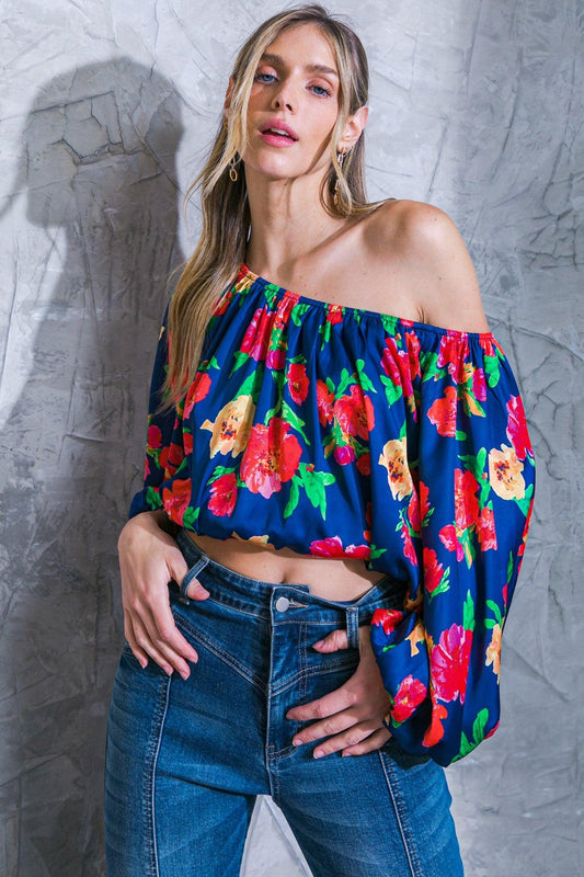 Unforgettable Muse Woven Top Off Shoulder Printed Long Sleeve Elasticized Waist in 20nav14 — Soul Flow Apparel