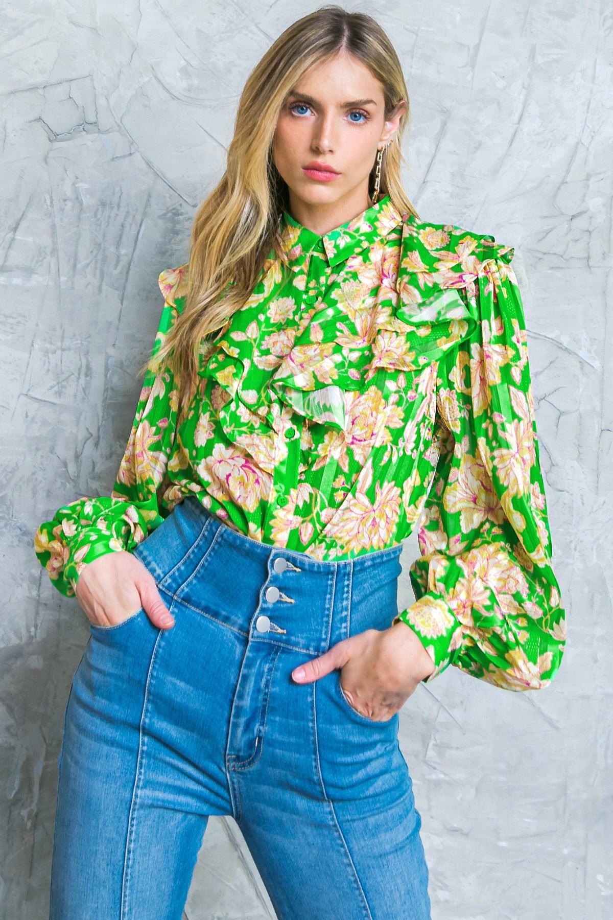 Stuck on an Island Printed Woven Top with Ruffles and Shirt Collar in 20gre11 — Soul Flow Apparel