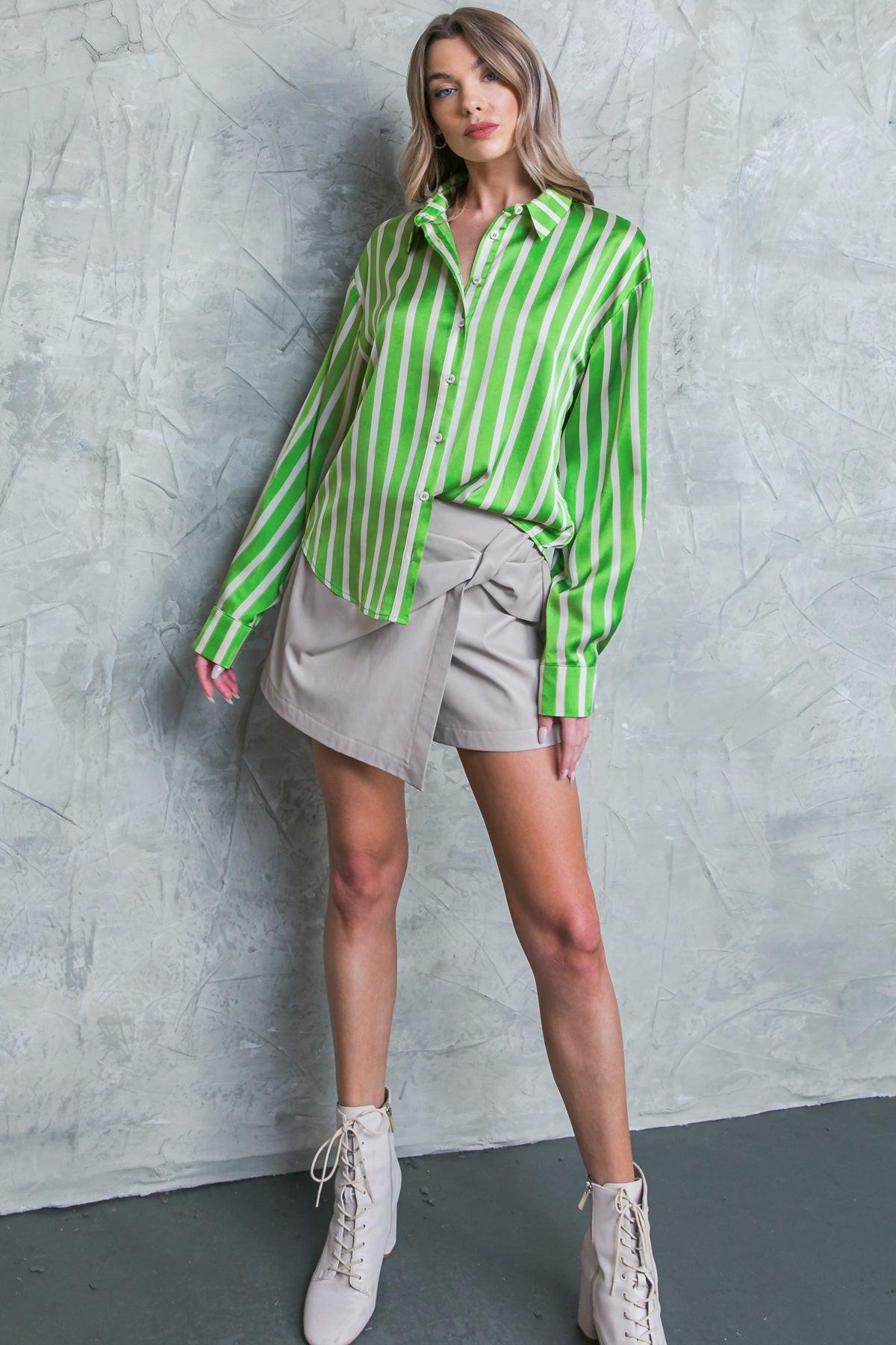 Nothing to Regret Satin Woven Top Shirt Collar Button Down Long Sleeves in 20gre 20ivo32, view 1 — Soul Flow Apparel