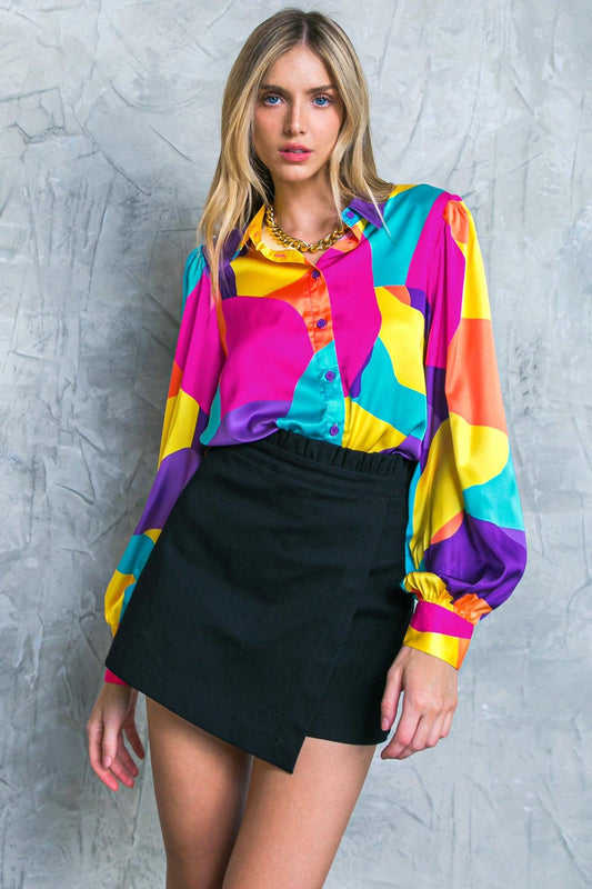 Follow the Flow Woven Top Printed Button Down Shirt with Long Sleeves in 20fuc 20yel23 — Soul Flow Apparel