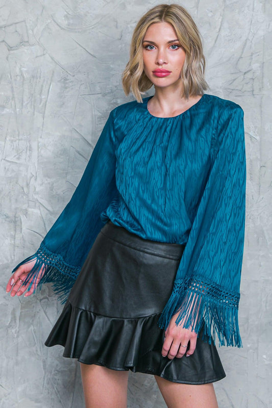 Love Every Day Woven Bodysuit with Fringe Bell Sleeves and Mesh Snap Bottom in 20tea33 — Soul Flow Apparel
