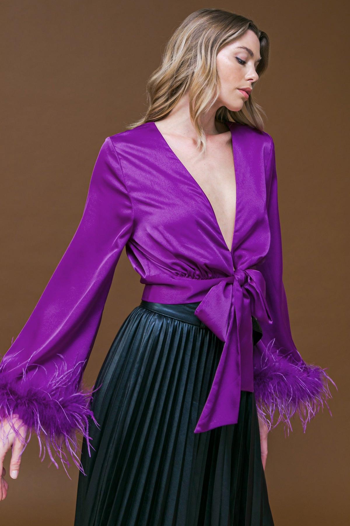 Keep Your Promises Woven Top with V Neck Self Tie Waist Bell Sleeves in 20pur41 — Soul Flow Apparel