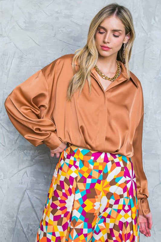 Graceful Movements Woven Top with Hidden Button Down Shirt Collar Long Sleeves in 20bro7 — Soul Flow Apparel