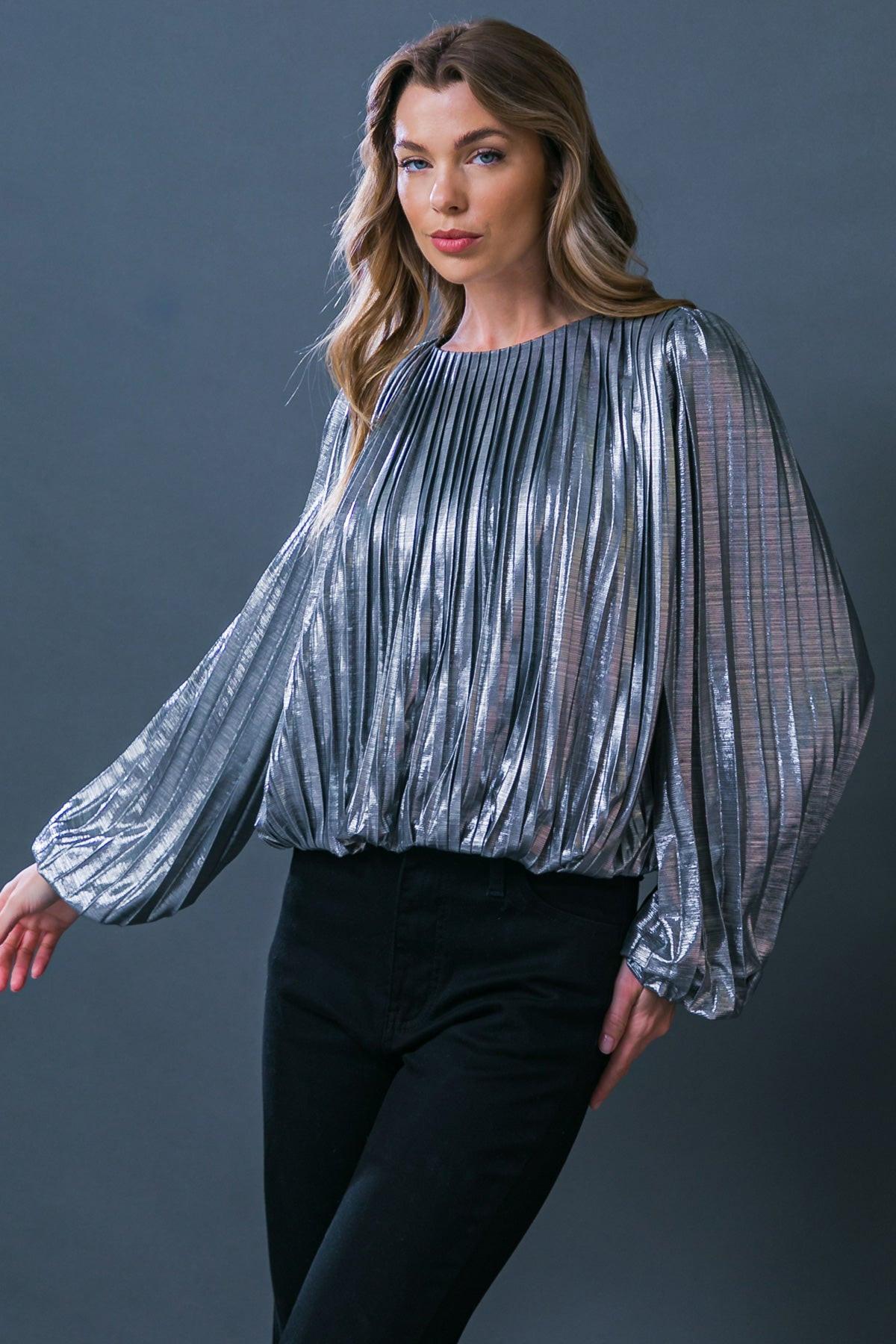 Key It Down Fully Pleated Woven Foiled Top with Round Neckline and Elastic Waist in 20sil31 — Soul Flow Apparel