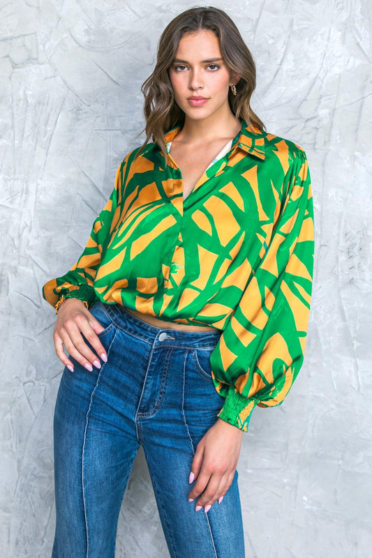 Always About You Woven Top with Shirt Collar V Neck Smocked Cuffs Elastic Waist in 20gre 20gol6 — Soul Flow Apparel