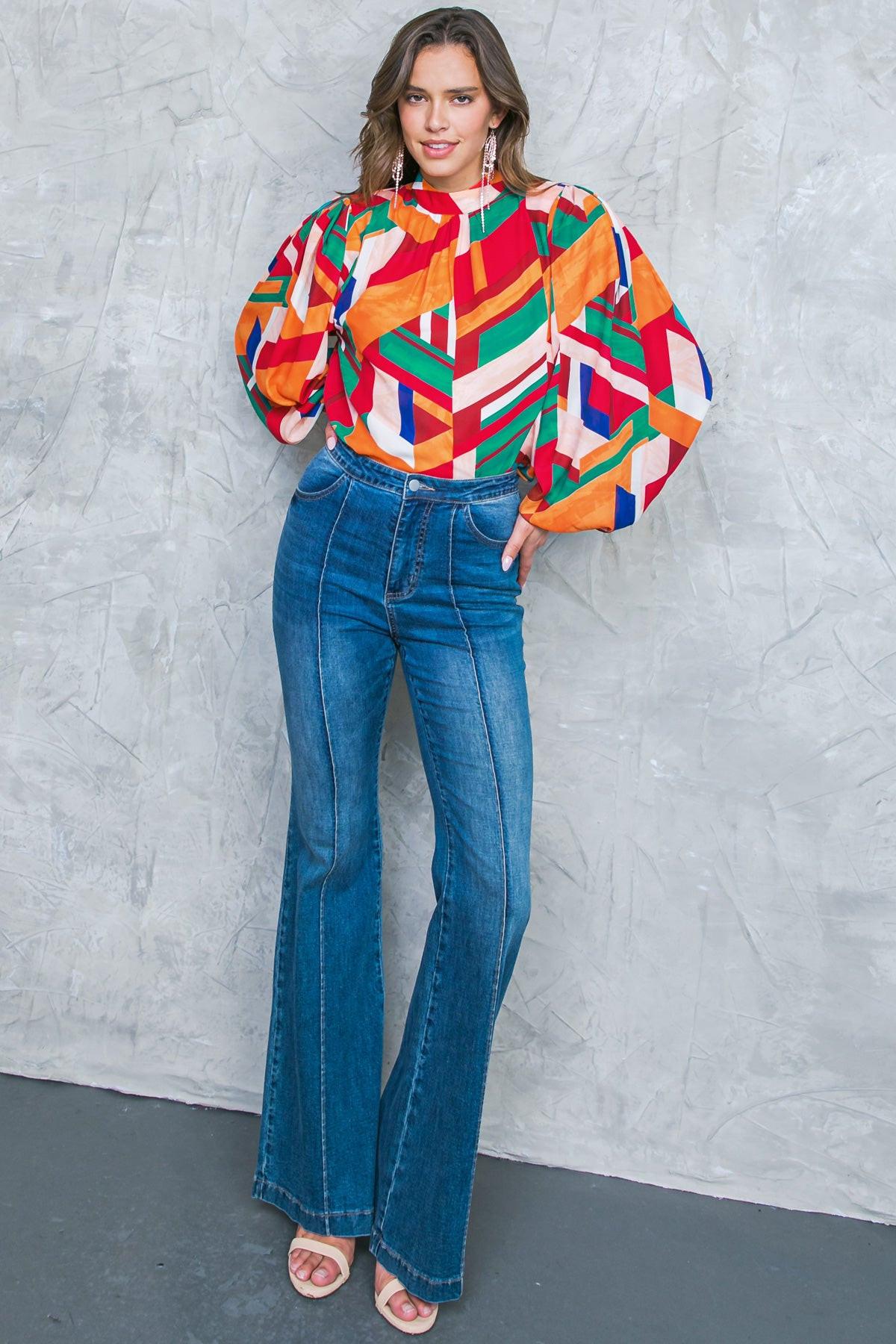 Light Up My Life Woven Top with Mock Neck and Exaggerated Wide Sleeves in 20ora 20tea11 — Soul Flow Apparel