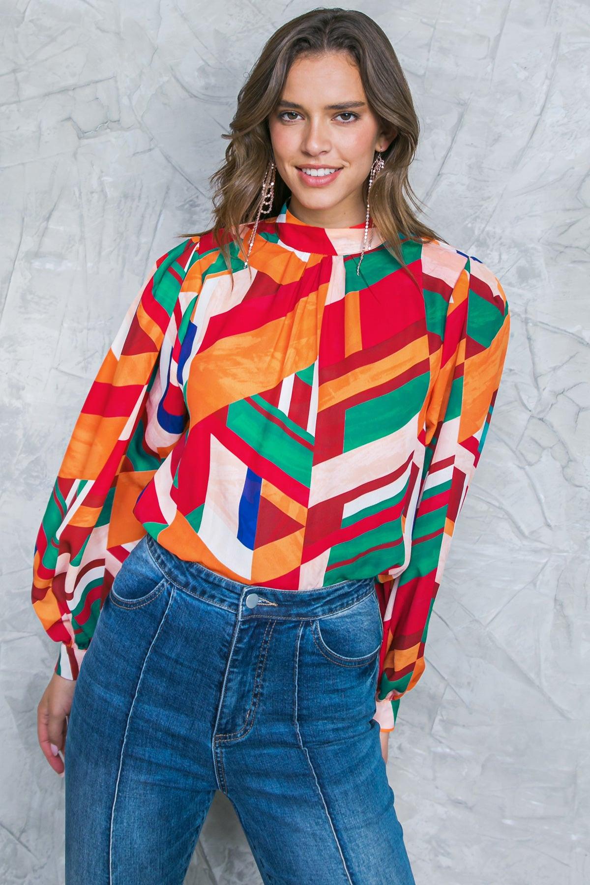 Light Up My Life Woven Top with Mock Neck and Exaggerated Wide Sleeves in 20ora 20tea14 — Soul Flow Apparel
