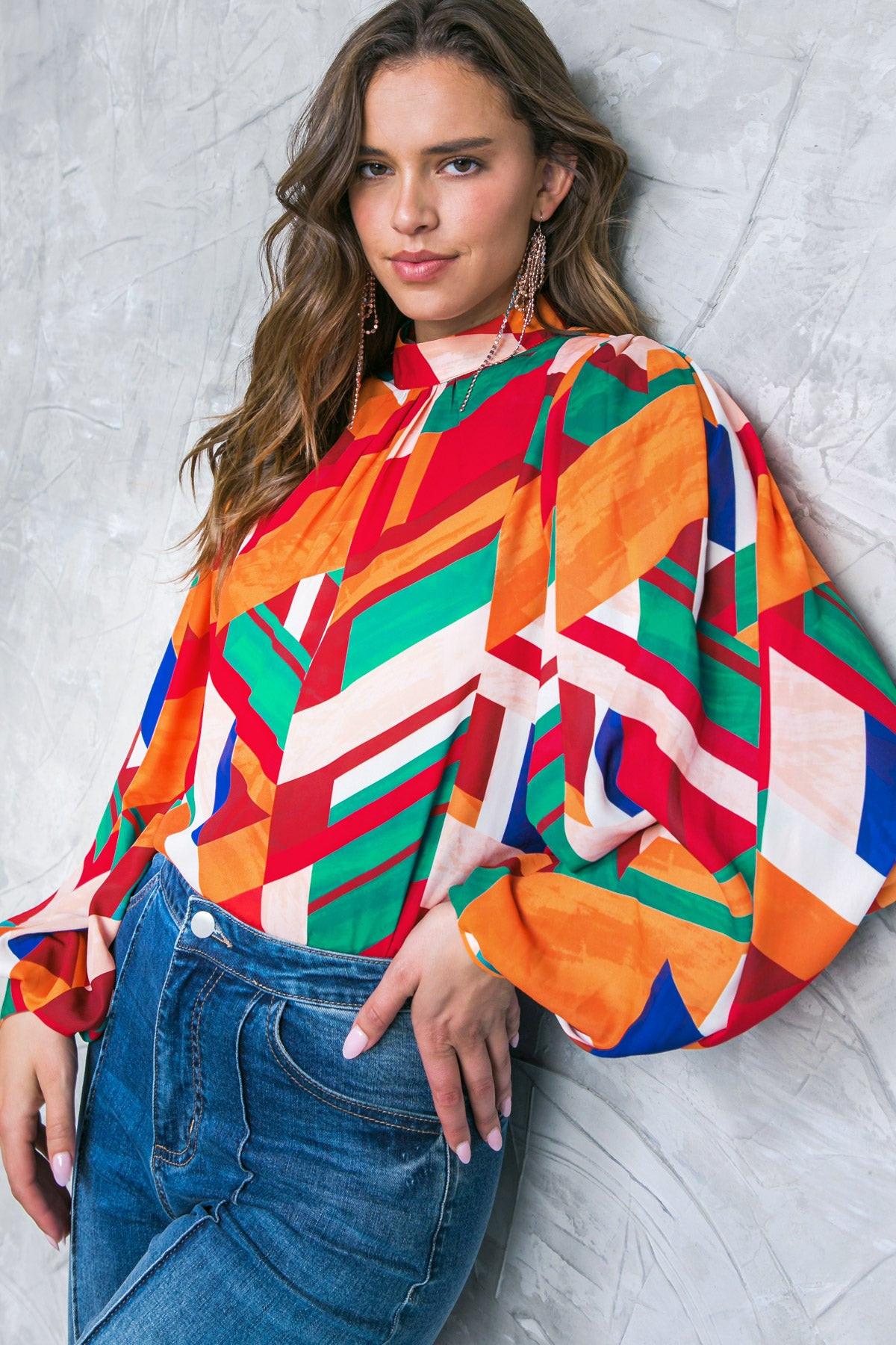 Light Up My Life Woven Top with Mock Neck and Exaggerated Wide Sleeves in 20ora 20tea20 — Soul Flow Apparel