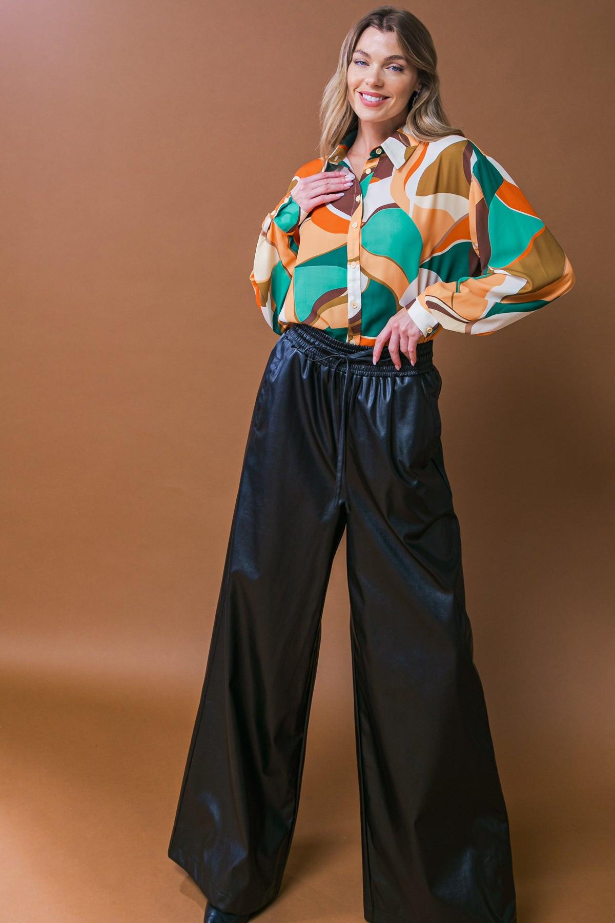 Lovingly Yours Woven Top with Shirt Collar Button Down Long Sleeve Polyester in 20rus 20gre27 — Soul Flow Apparel