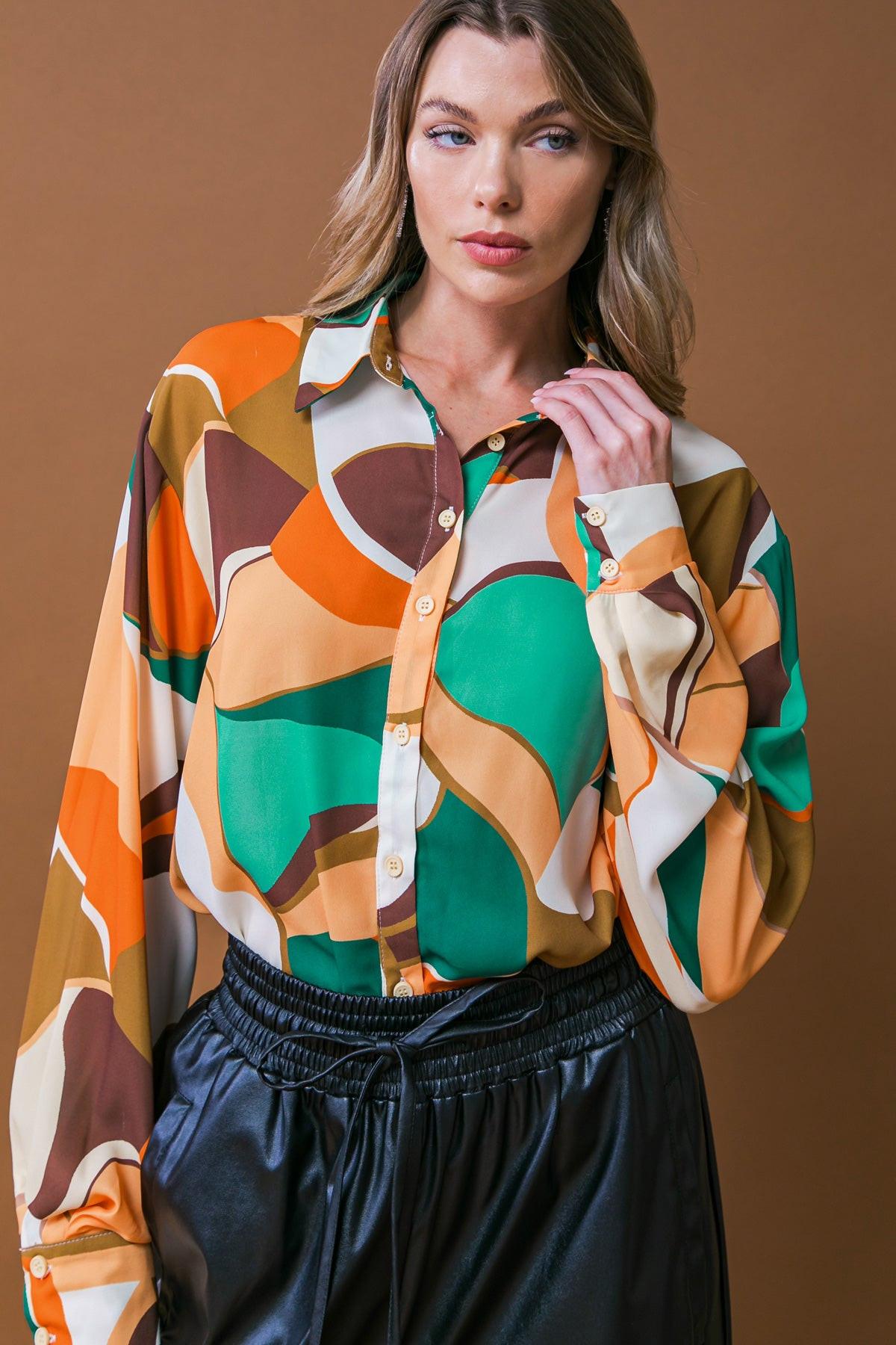 Lovingly Yours Woven Top with Shirt Collar Button Down Long Sleeve Polyester in 20rus 20gre29 — Soul Flow Apparel