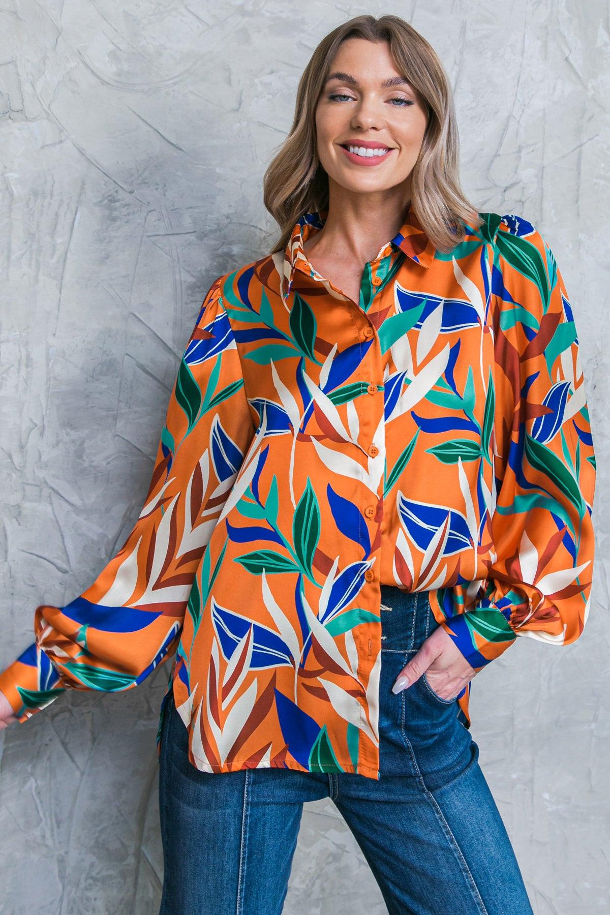 Feels Like Fall Woven Top Printed Button Down Collar Long Sleeves in 20rus29 — Soul Flow Apparel