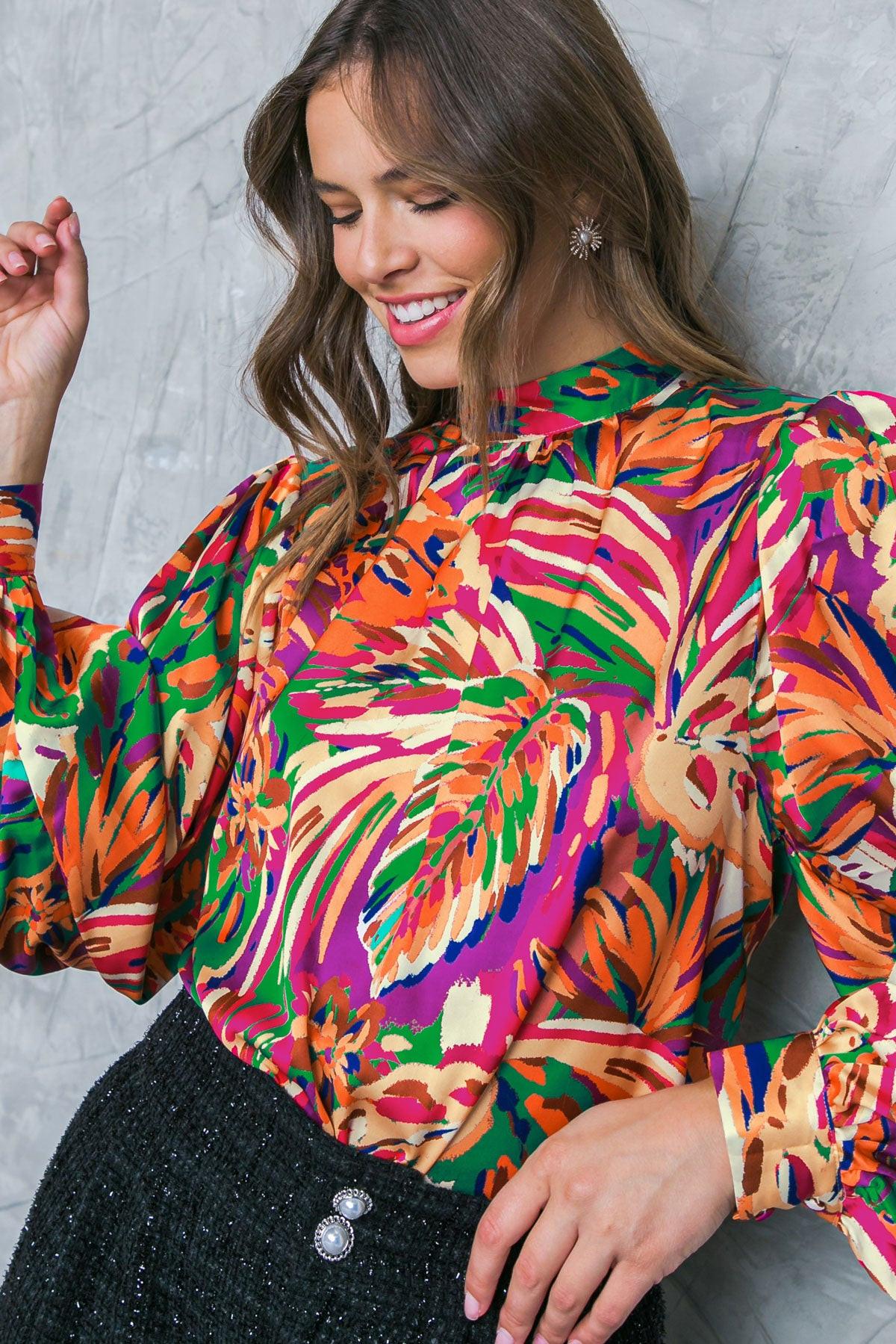 Adoring Devotion Woven Top with High Neck Long Sleeves and Tie Back Print in 20gre 20fuc40 — Soul Flow Apparel