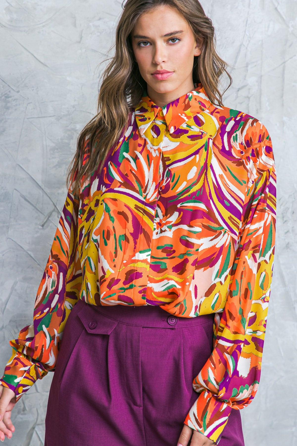 Famous Behavior Printed Woven Top with Shirt Collar and Long Sleeves in 20rus26 — Soul Flow Apparel