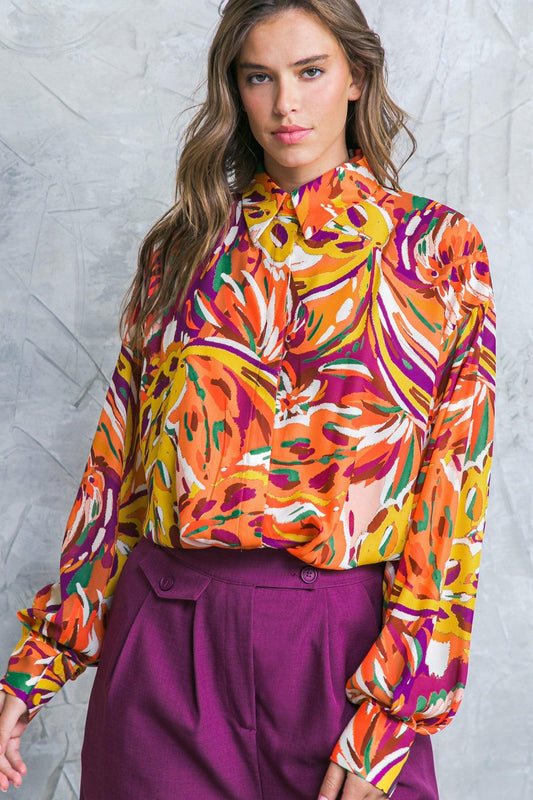 Famous Behavior Printed Woven Top with Shirt Collar and Long Sleeves in 20rus26 — Soul Flow Apparel