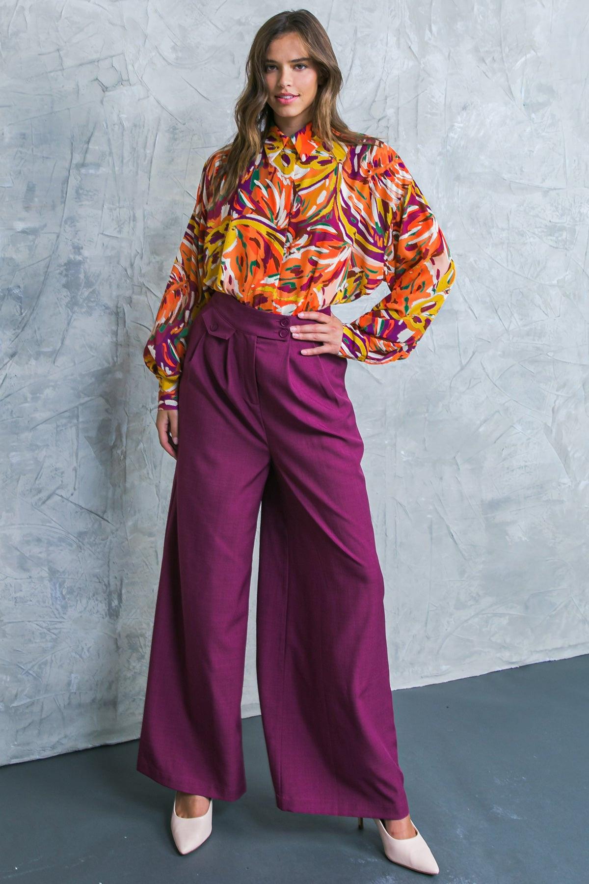 Famous Behavior Printed Woven Top with Shirt Collar and Long Sleeves in 20rus40 — Soul Flow Apparel