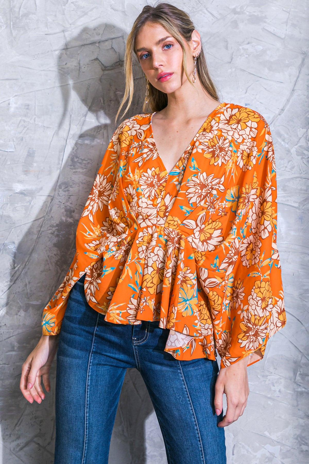 Find You Well Woven Top with V Neck Kimono Sleeves Peplum Silhouette in 20rus1 — Soul Flow Apparel